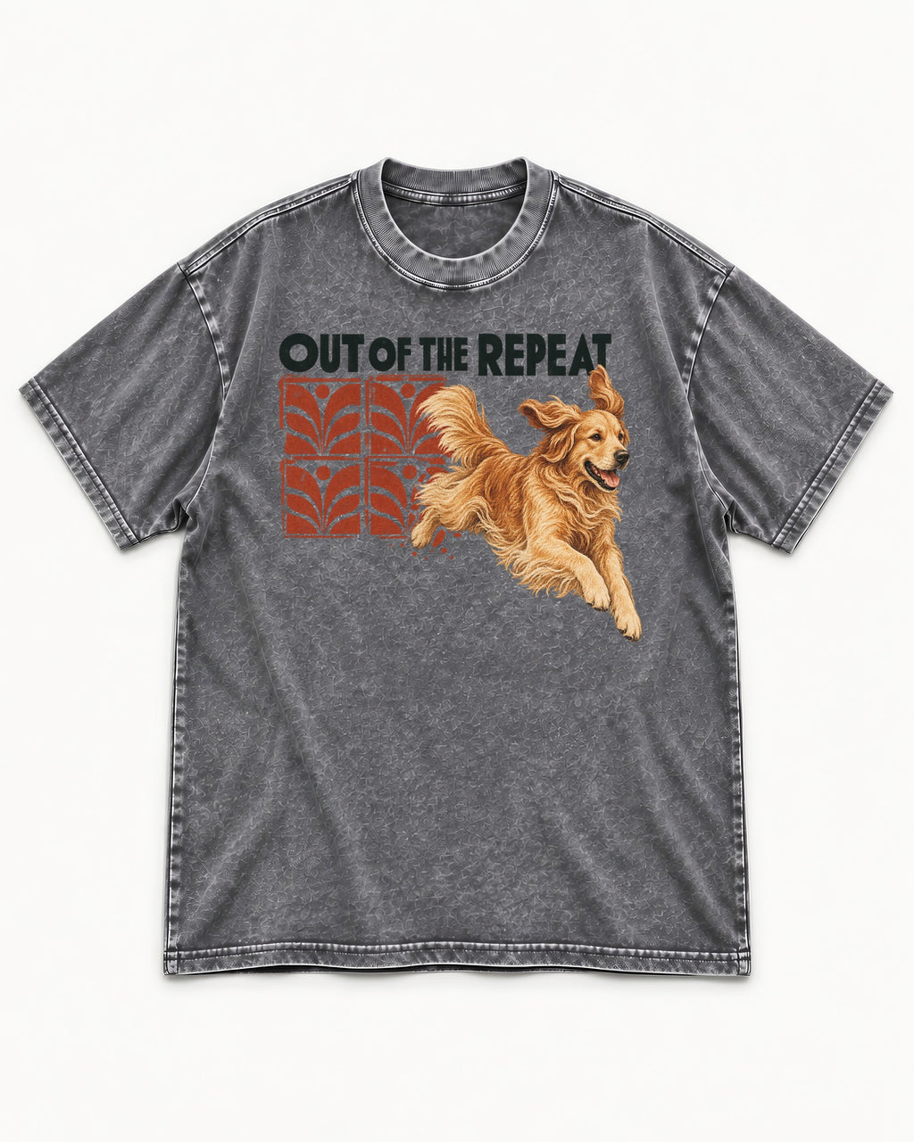Golden Retriever Out of the Repeat Washed Tee in Gray, flat lay product photo