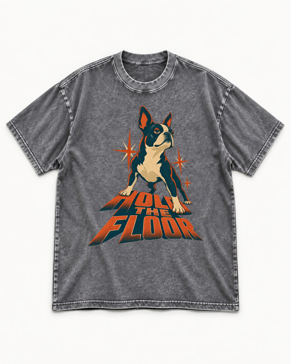 Boston Terrier On The Floor Perspective Graphic Washed Tee in Gray, flat lay product photo