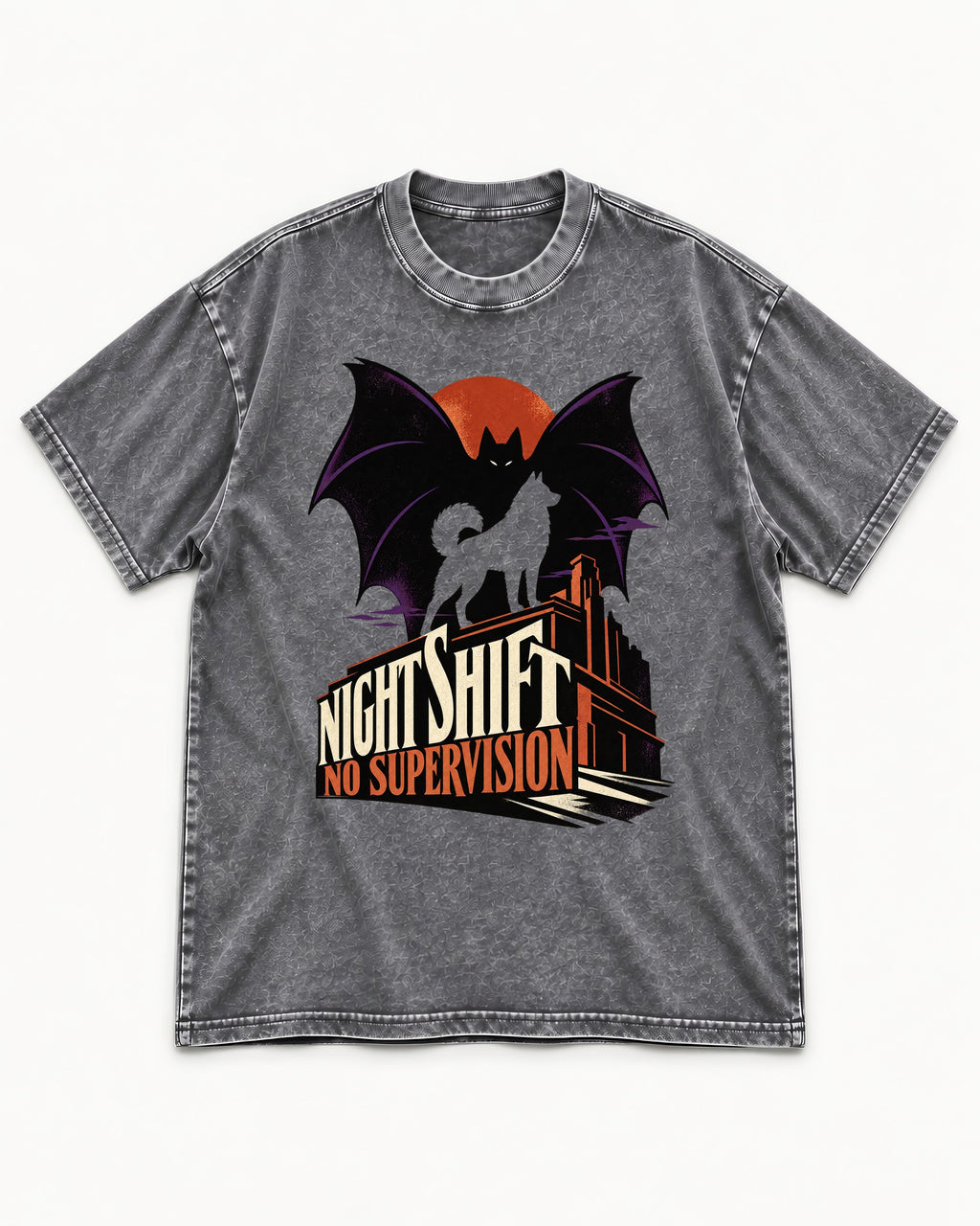 Husky Night Shift No Supervision Washed Tee in Gray, flat lay product photo