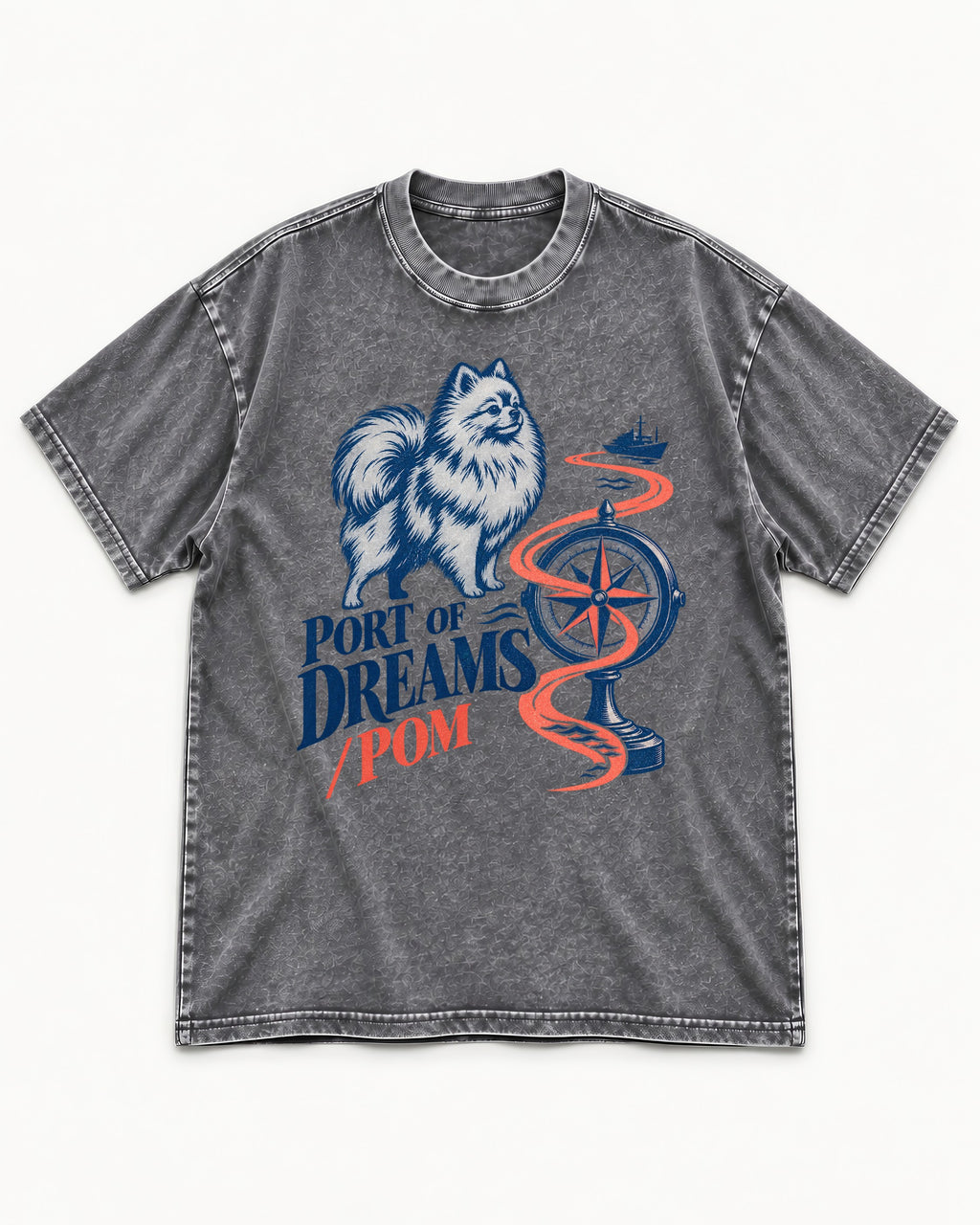 Pomeranian Port of Dreams Washed Tee in Gray, flat lay product photo