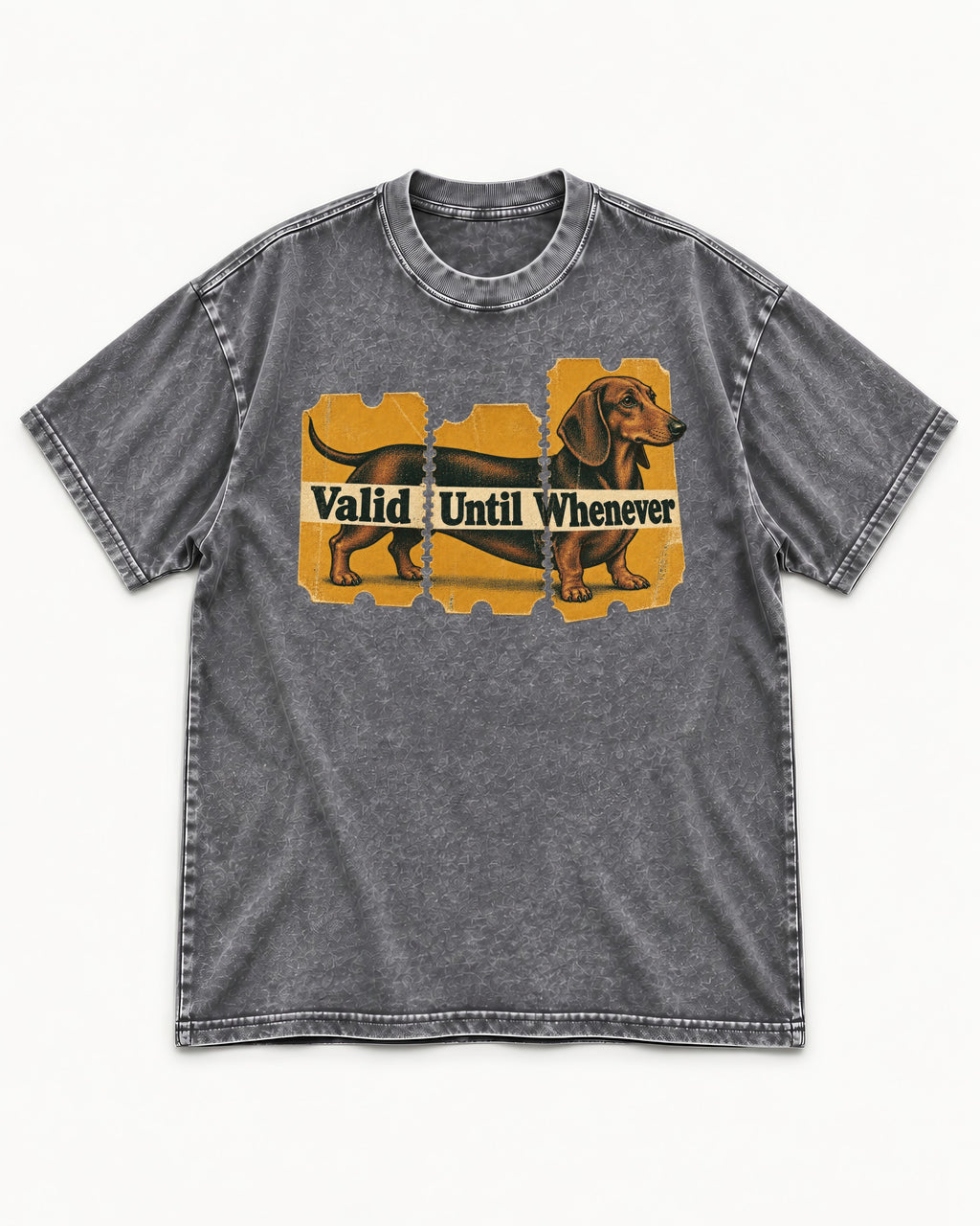 Dachshund Valid Until Whenever Washed Tee in Gray, flat lay product photo