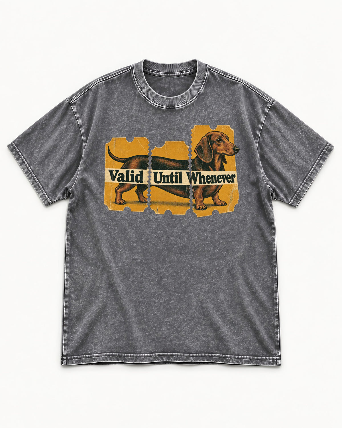 Dachshund Valid Until Whenever Washed Tee in Gray, flat lay product photo