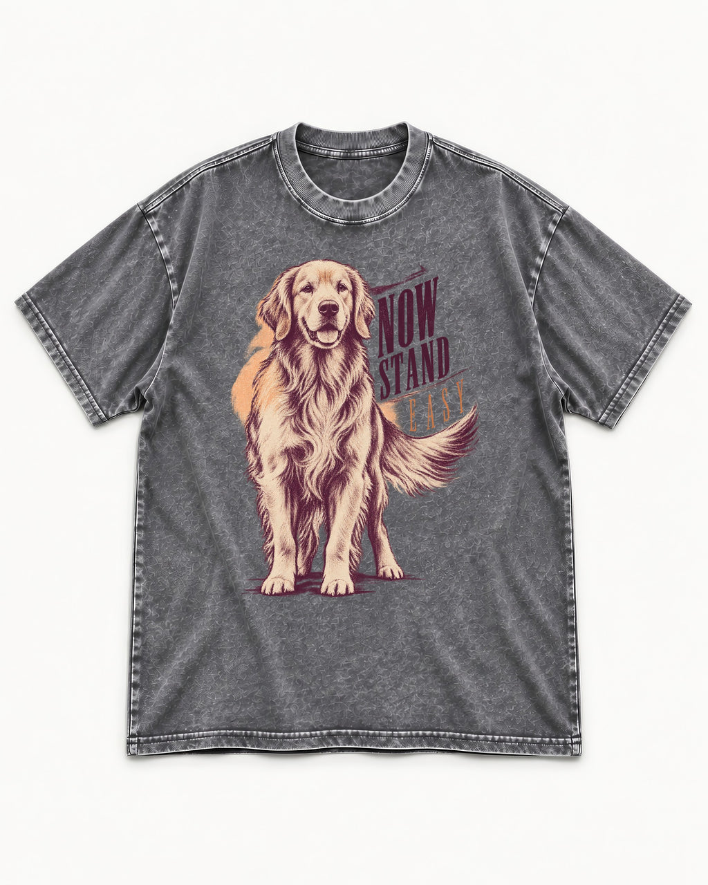 Now Stand Easy Golden Retriever Washed Tee in Gray, flat lay product photo