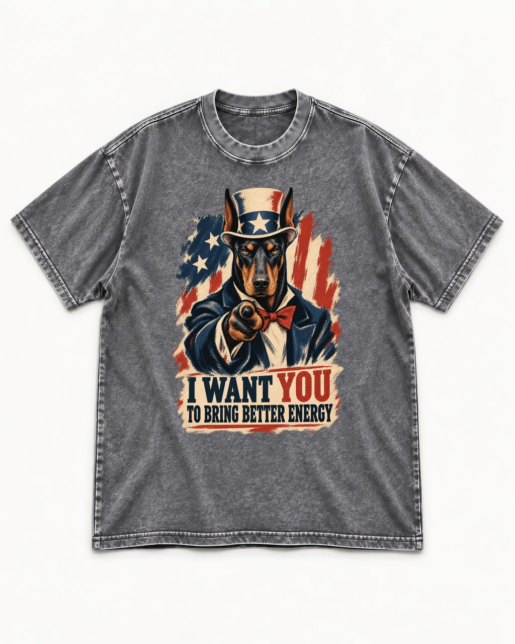 Doberman I Want You to Bring Better Energy Uncle Sam Graphic Washed Tee in Gray, flat lay product photo