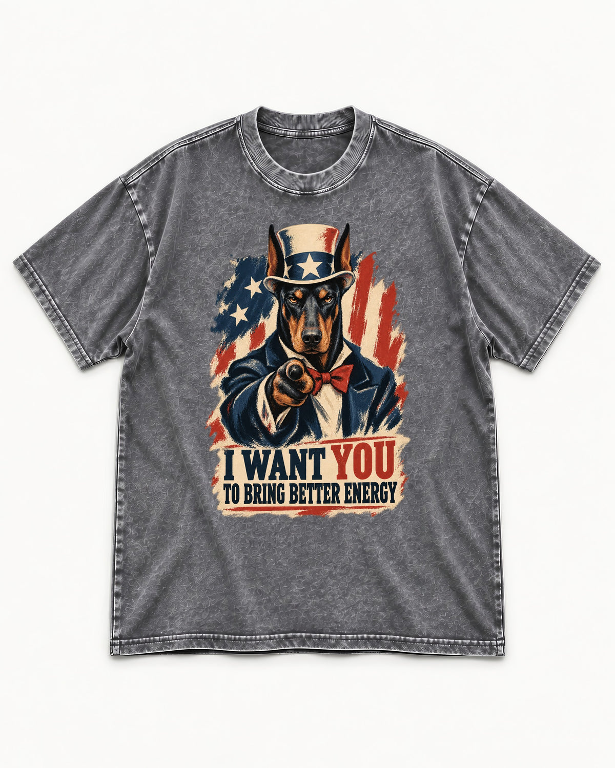 Doberman I Want You to Bring Better Energy Uncle Sam Graphic Washed Tee in Gray, flat lay product photo