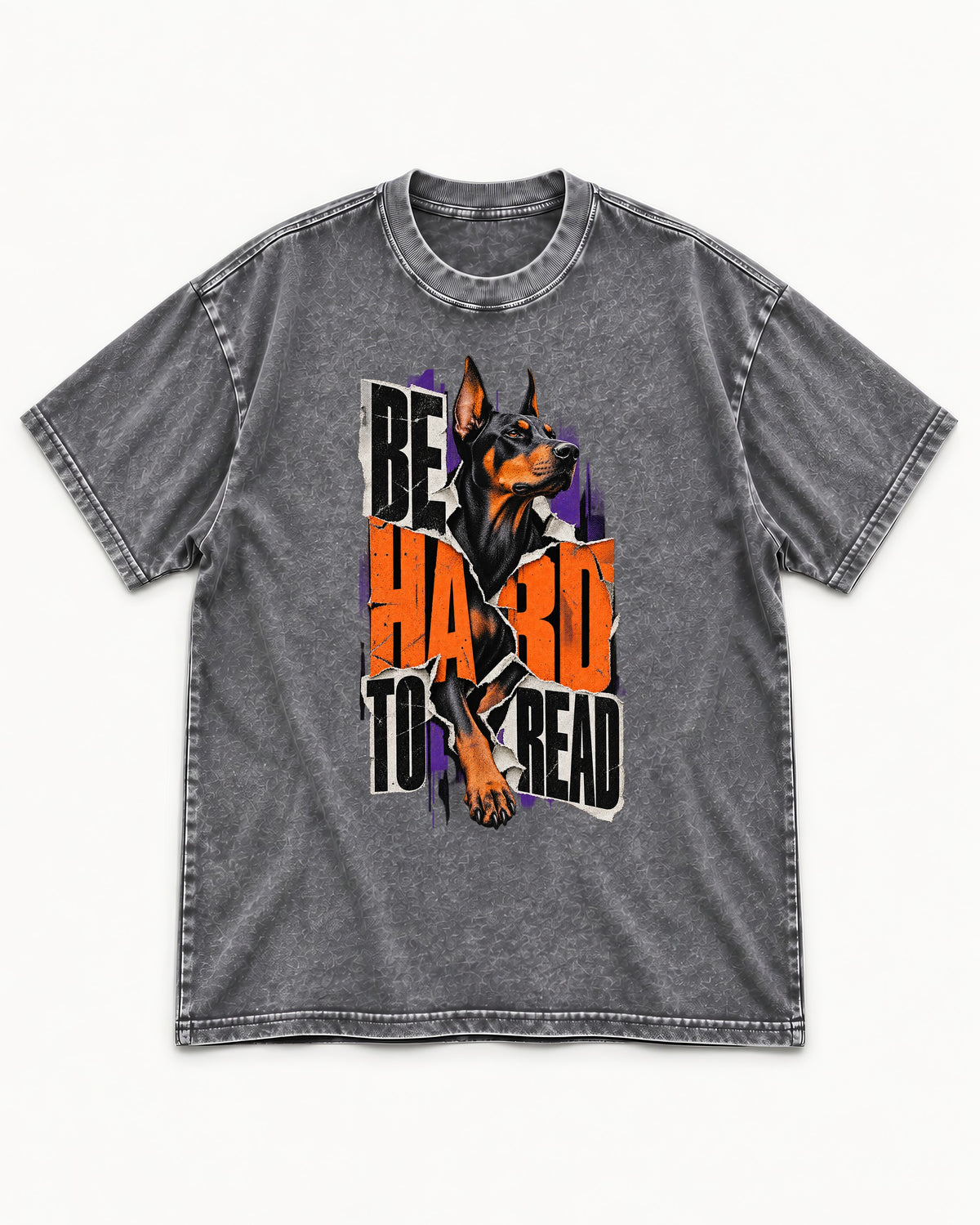 Doberman Be Hard to Read Torn Poster Graphic Washed Tee in Gray, flat lay product photo