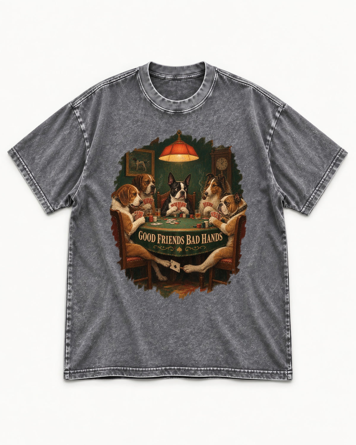 Good Friends Bad Hands Boston Terrier Poker Night Washed Tee in Gray, flat lay product photo