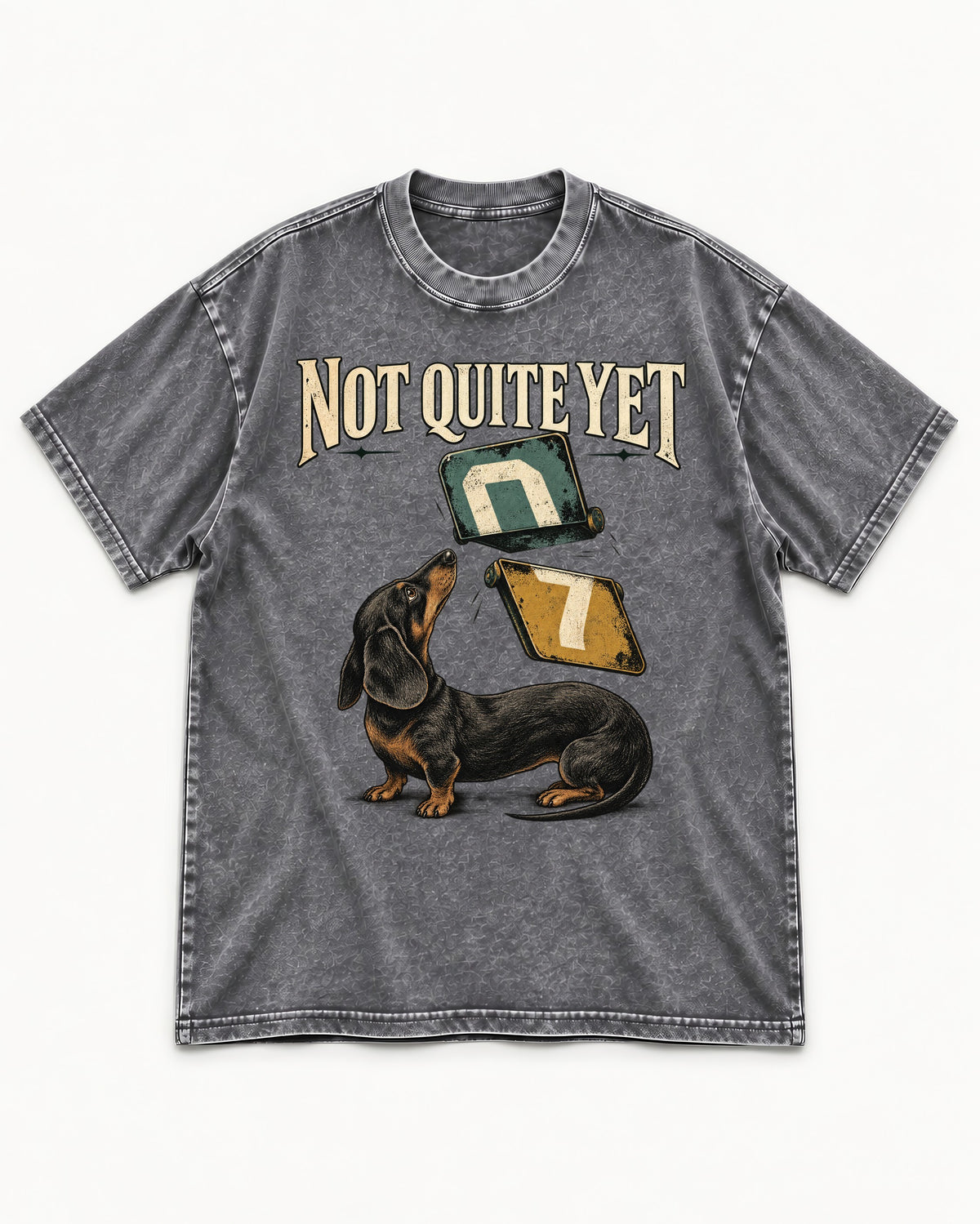 Not Quite Yet Dachshund Washed Tee in Gray, flat lay product photo