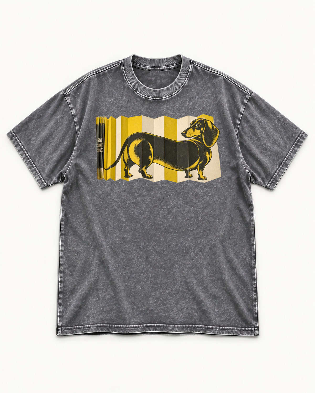 Dachshund Save Some Space Accordion Screen Graphic Washed Tee in Gray, flat lay product photo