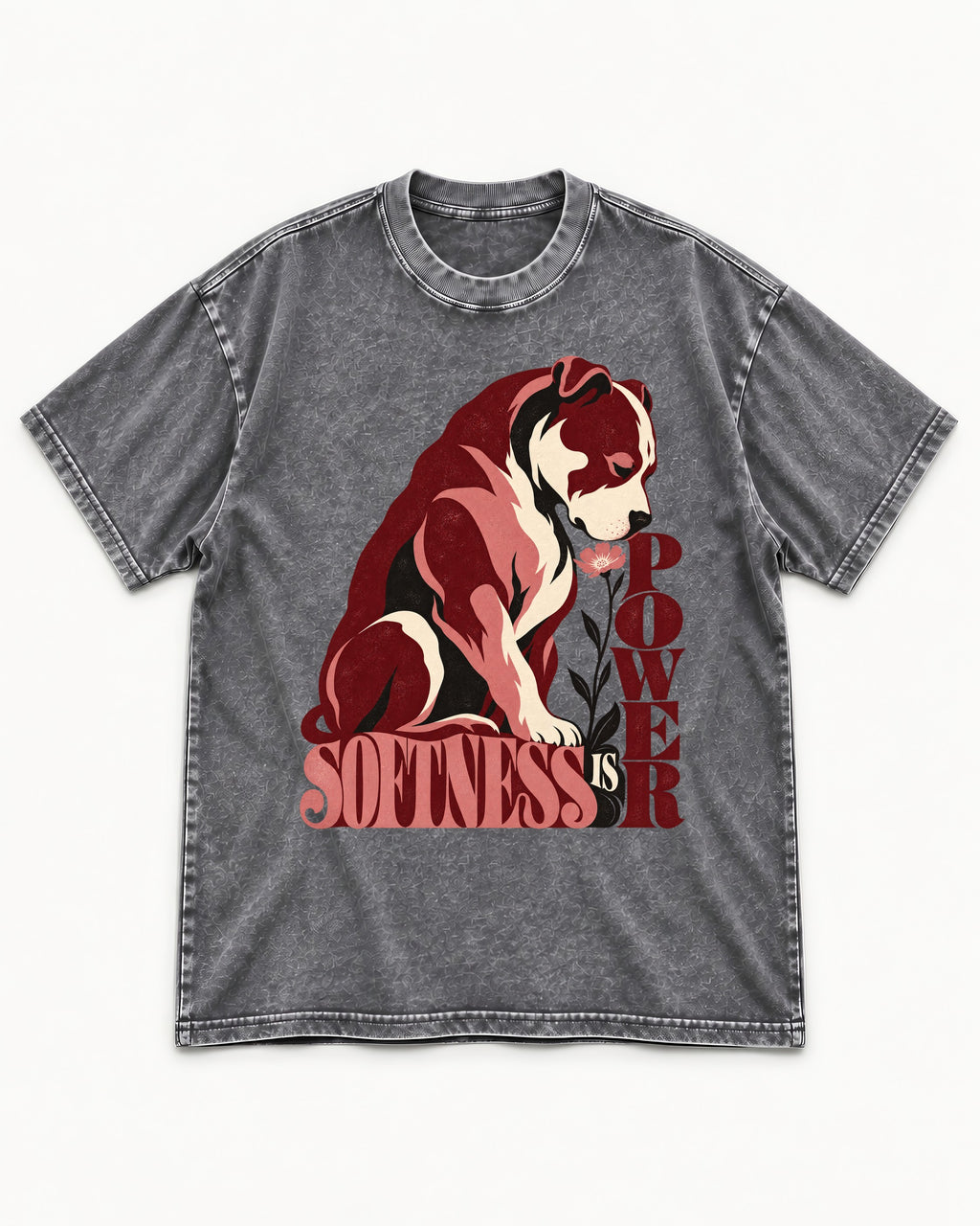 Pitbull Softness Is Power Flower Graphic Washed Tee in Gray, flat lay product photo