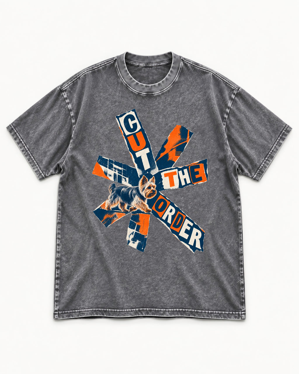 Yorkshire Terrier Cut the Order Radial Collage Graphic Washed Tee in Gray, flat lay product photo