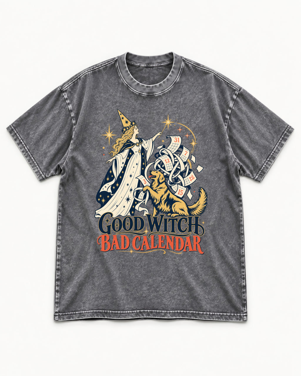 Good Witch Bad Calendar Golden Retriever Washed Tee in Gray, flat lay product photo