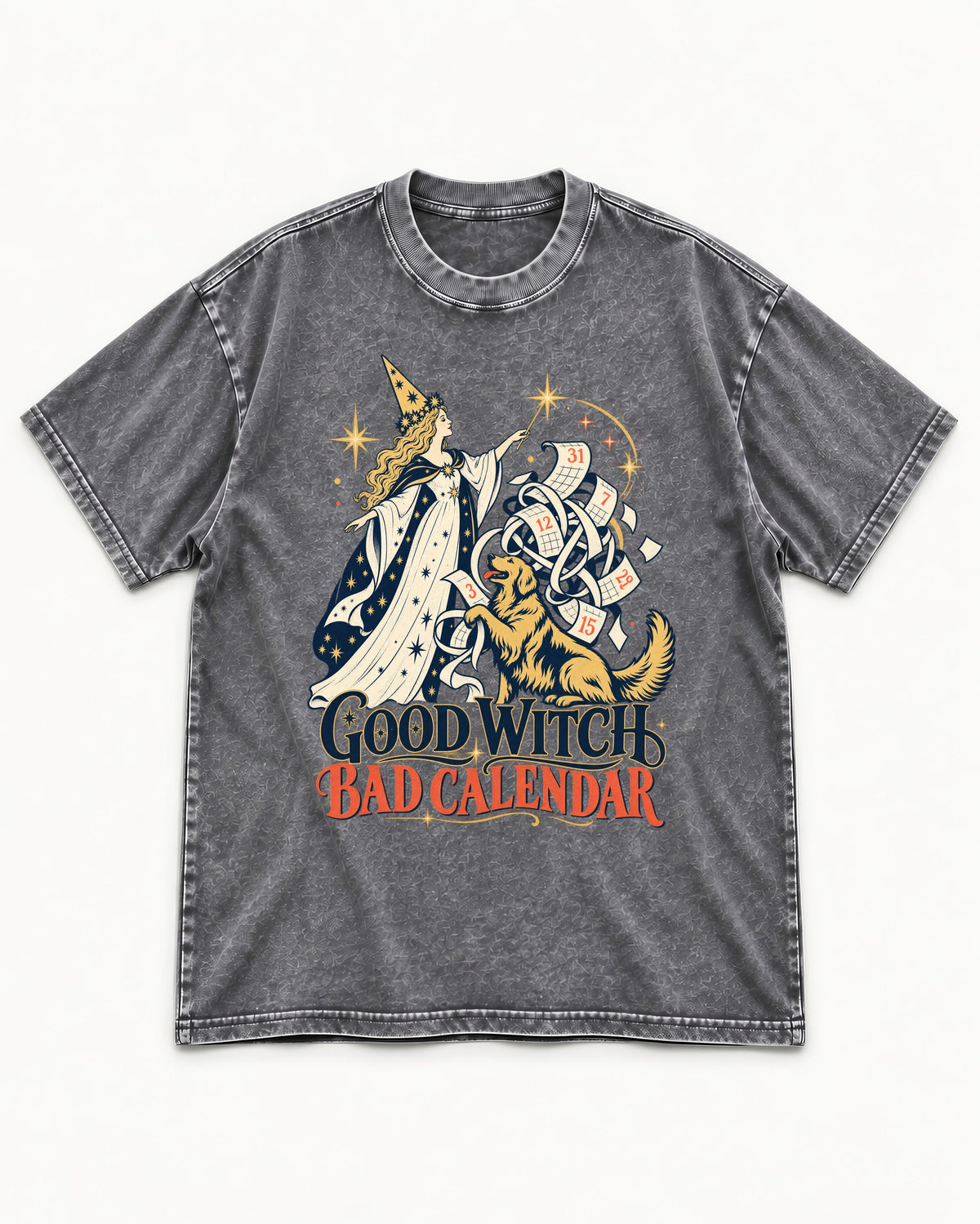 Good Witch Bad Calendar Golden Retriever Washed Tee in Gray, flat lay product photo
