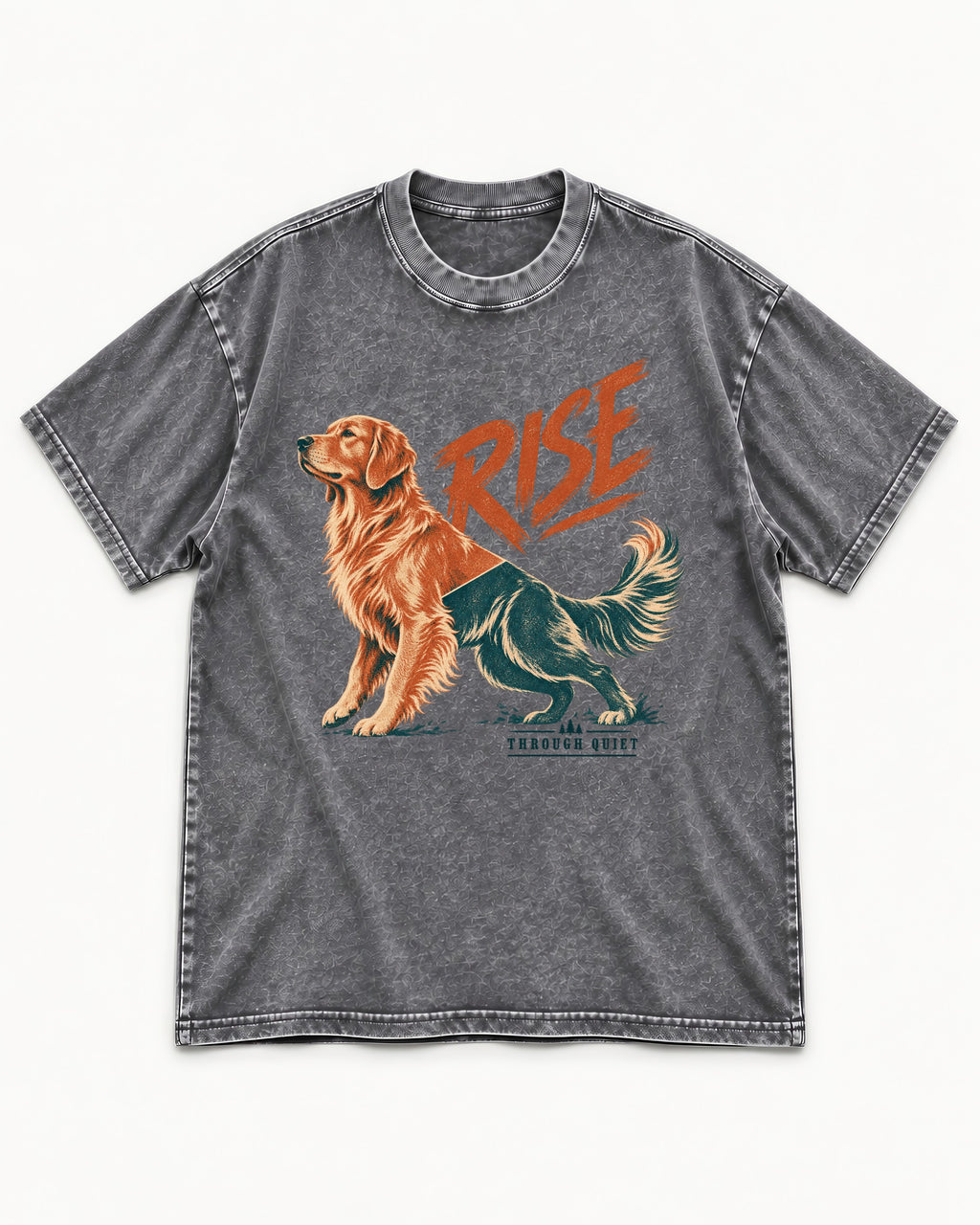 Golden Retriever Rise Through Quiet Washed Tee in Gray, flat lay product photo
