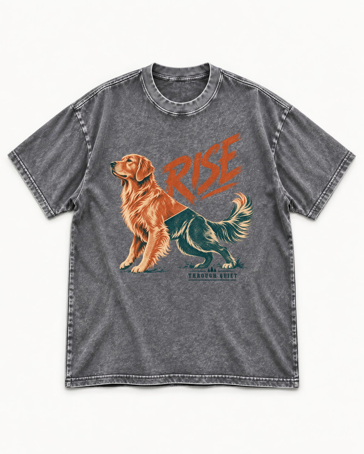 Golden Retriever Rise Through Quiet Washed Tee in Gray, flat lay product photo