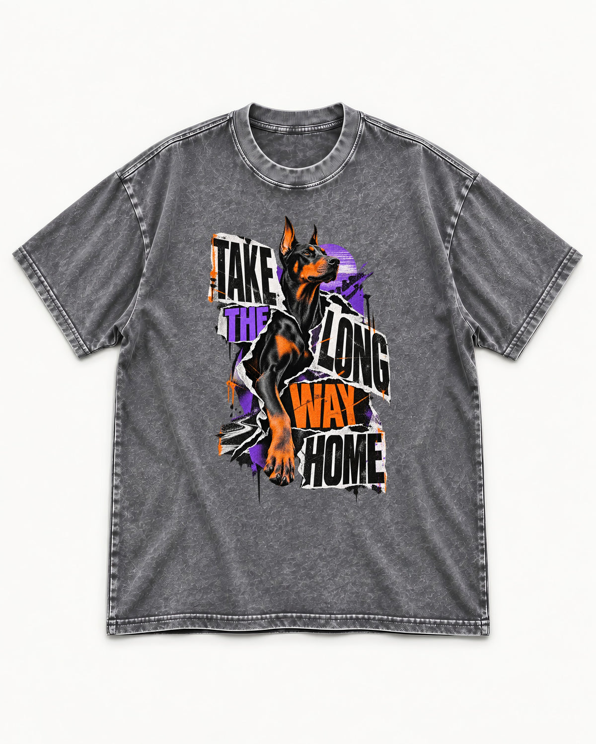 Doberman Long Way Home Washed Tee in Gray, flat lay product photo