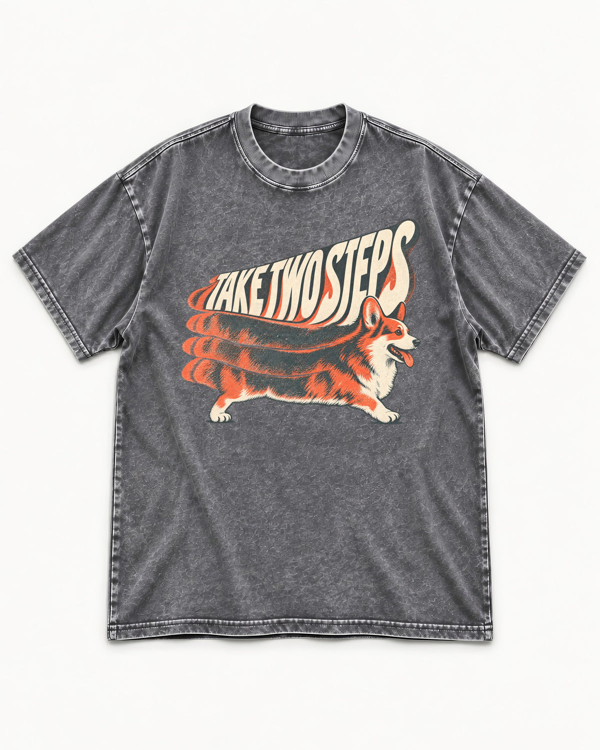 Corgi Take Two Steps Motion Trail Graphic Washed Tee in Gray, flat lay product photo