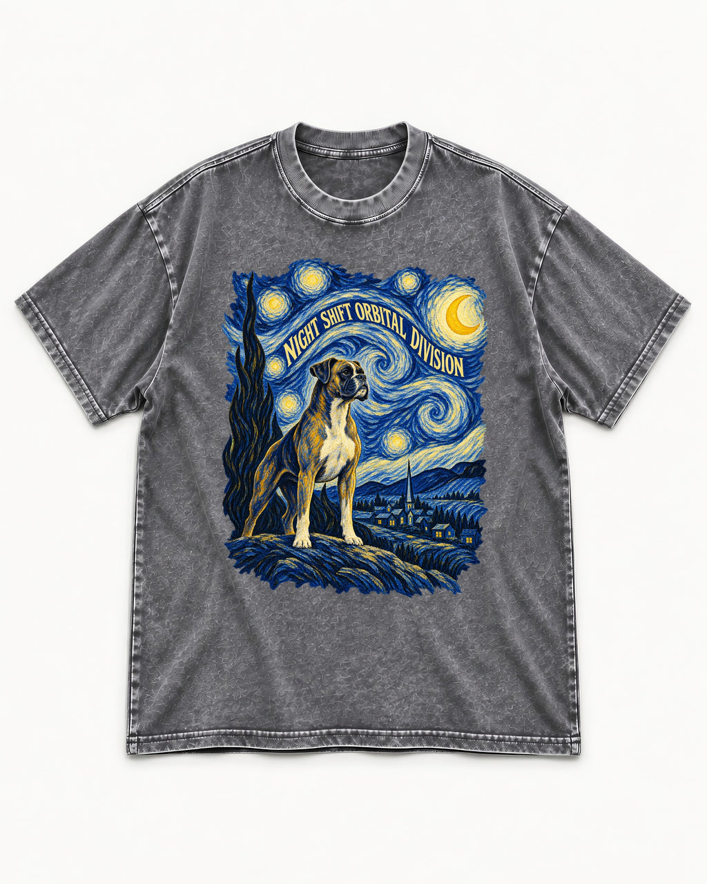 Night Shift Orbital Division Boxer Night Sky Graphic Washed Tee in Gray, flat lay product photo