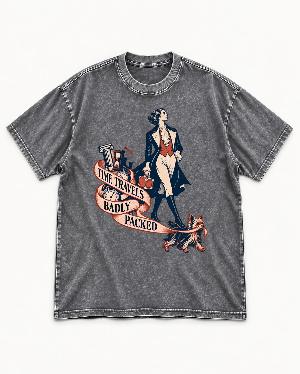 Time Travels Badly Packed Yorkshire Terrier Washed Tee in Gray, flat lay product photo