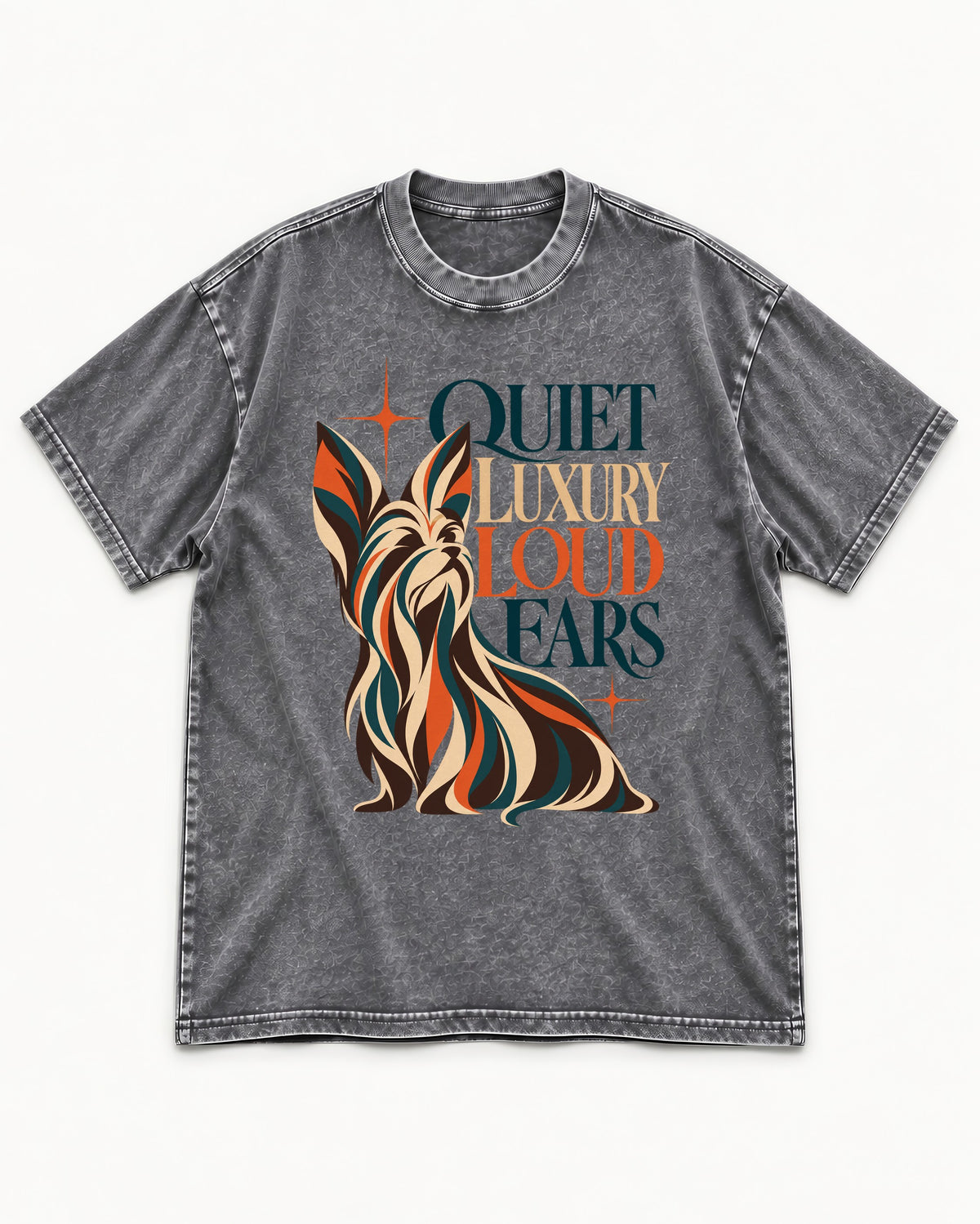 Quiet Luxury Loud Ears Yorkshire Terrier Washed Tee in Gray, flat lay product photo
