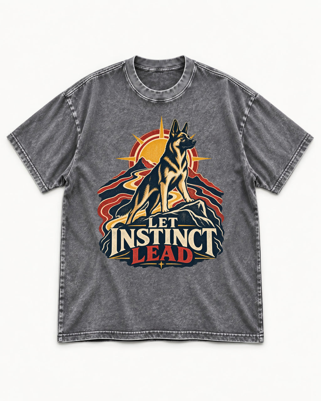 Let Instinct Lead Sunrise German Shepherd Dog Graphic Washed Tee in Gray, flat lay product photo