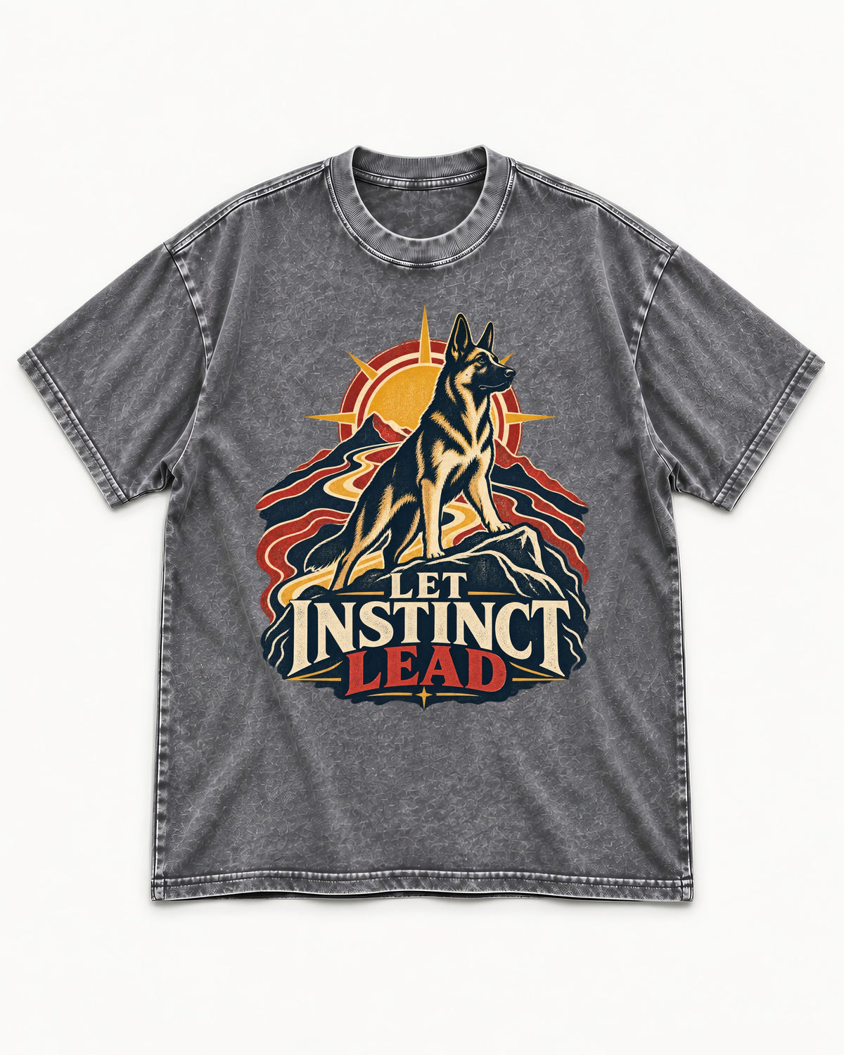 Let Instinct Lead Sunrise German Shepherd Dog Graphic Washed Tee in Gray, flat lay product photo