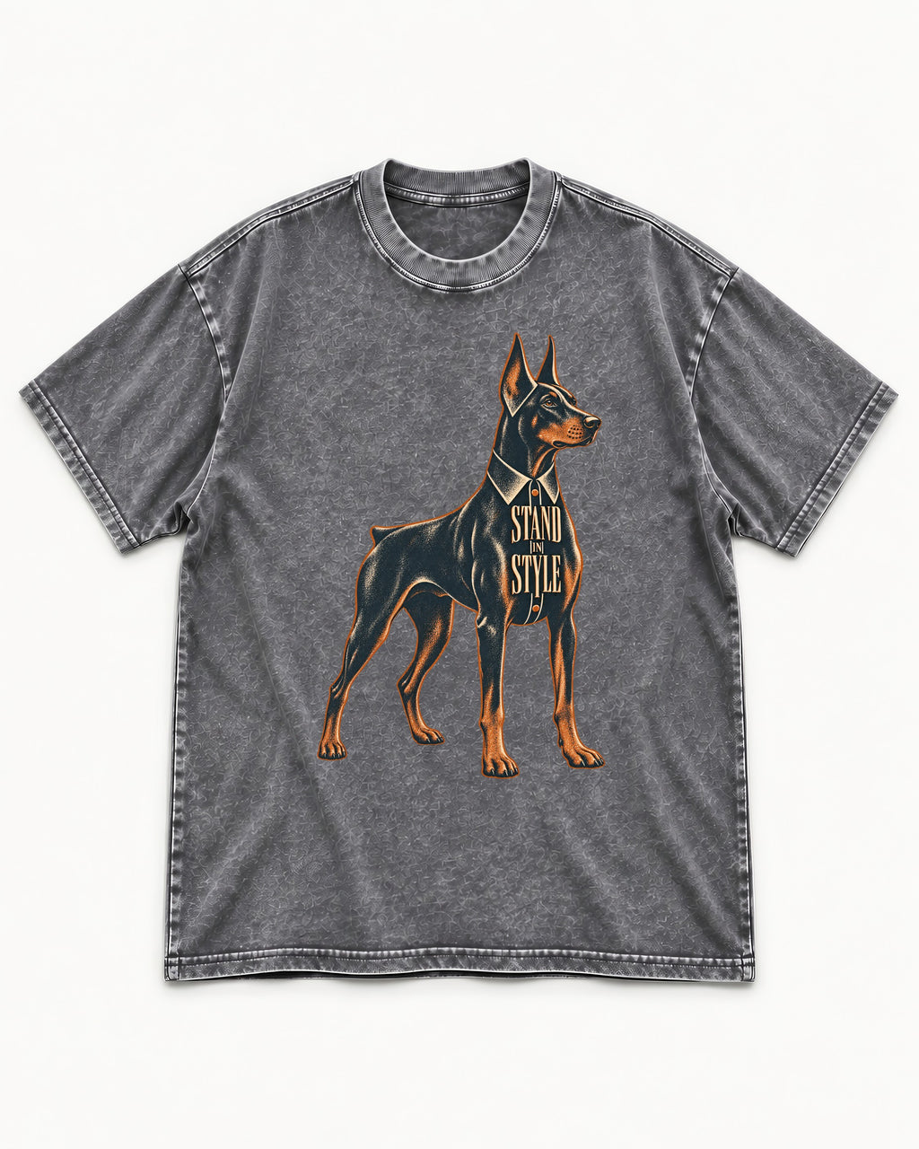 Doberman Stand in Style Suit Graphic Washed Tee in Gray, flat lay product photo