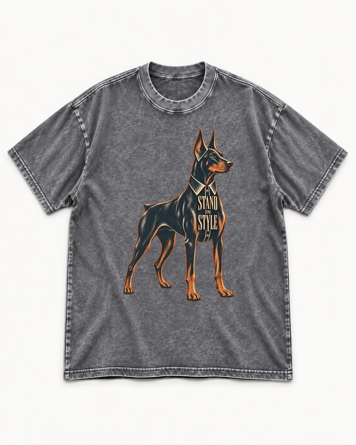 Doberman Stand in Style Suit Graphic Washed Tee in Gray, flat lay product photo