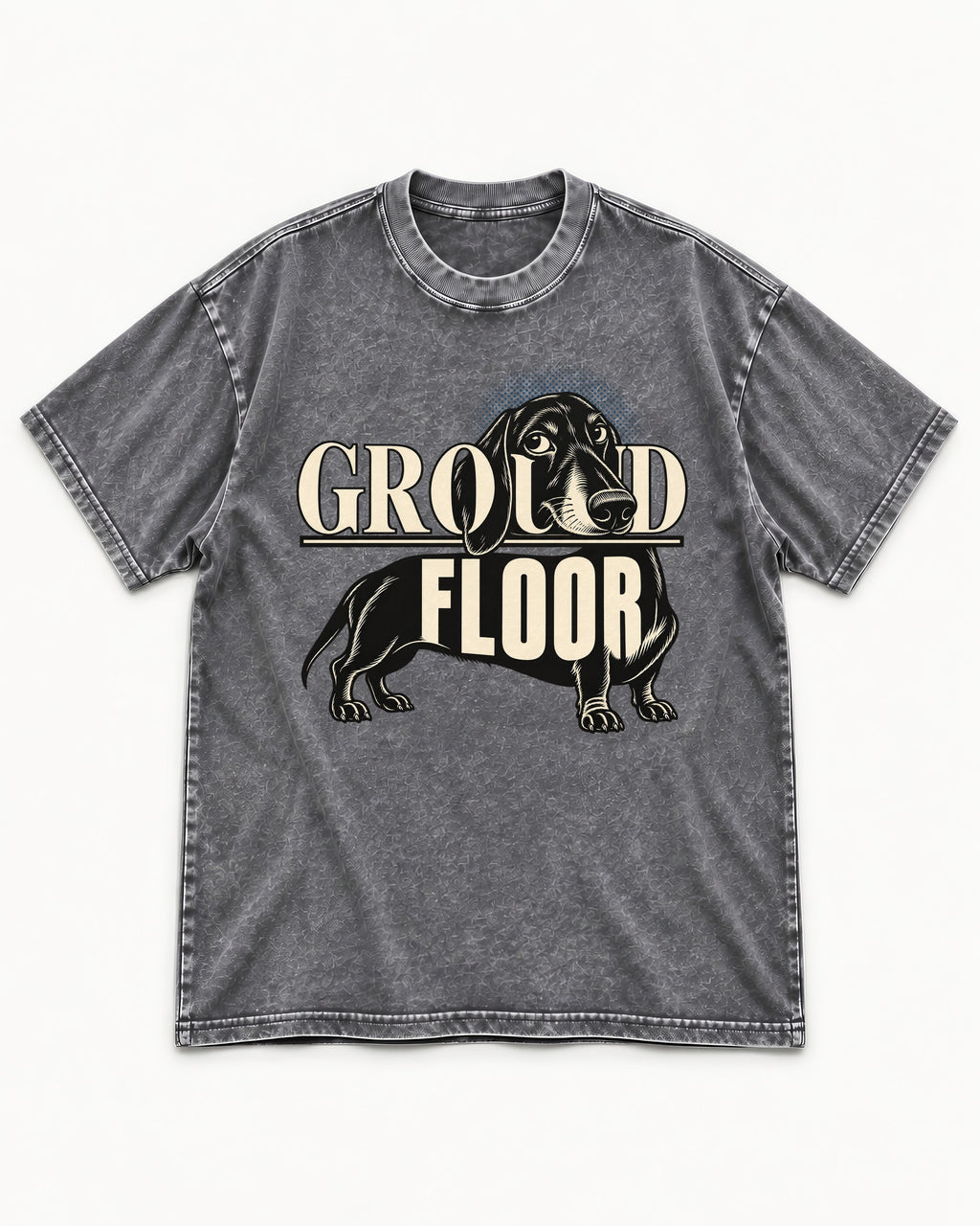 Ground Floor Dachshund Washed Tee in Gray, flat lay product photo