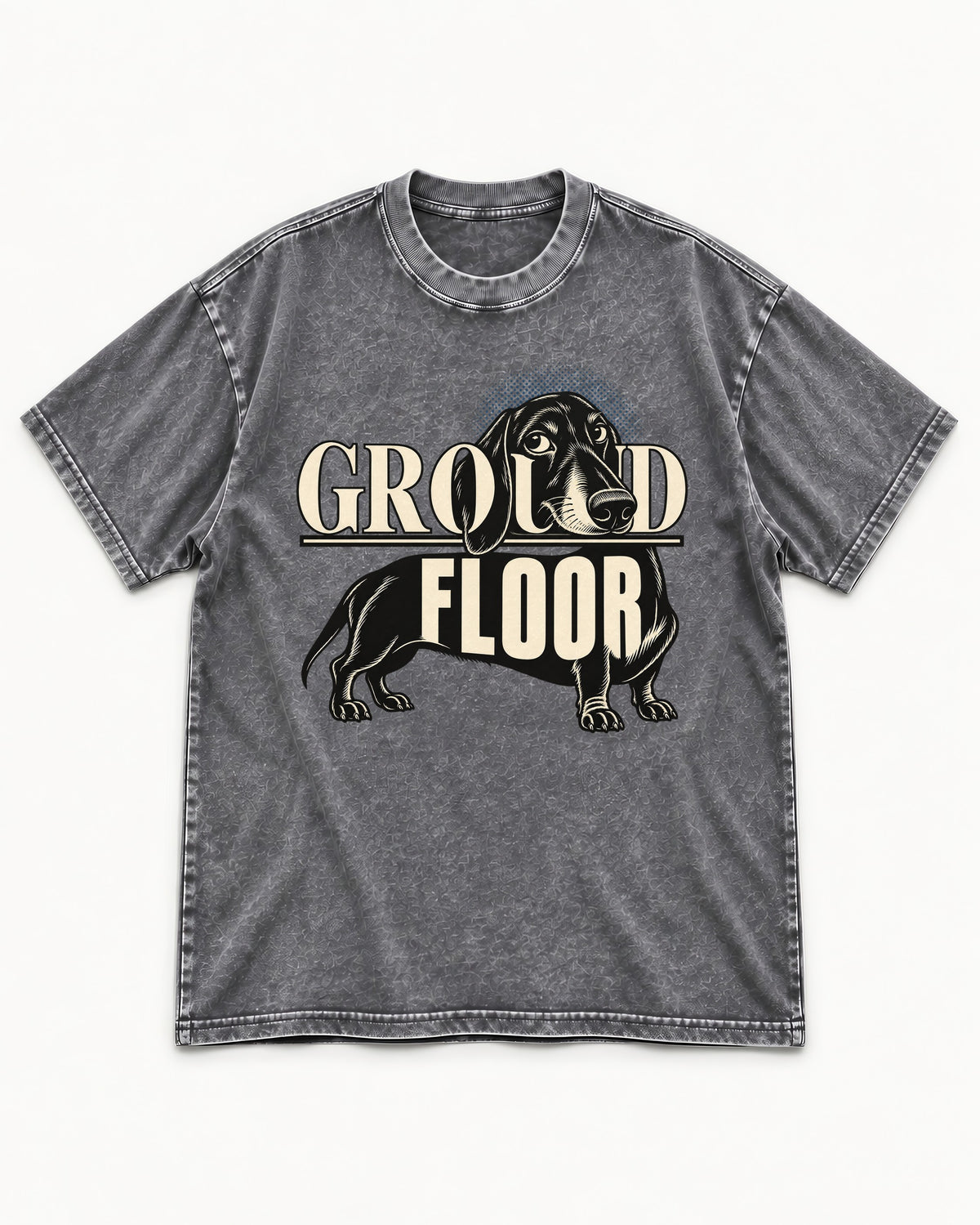 Ground Floor Dachshund Washed Tee in Gray, flat lay product photo