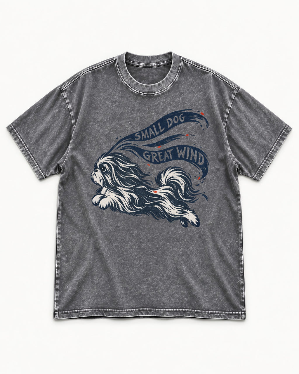 Small Shih Tzu Great Wind Washed Tee in Gray, flat lay product photo