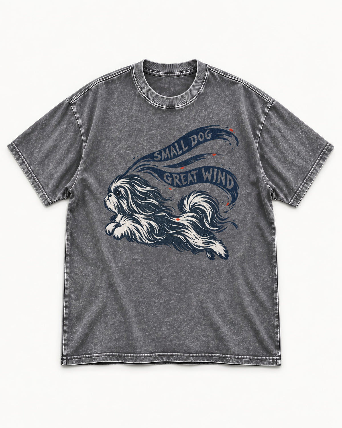 Small Shih Tzu Great Wind Washed Tee in Gray, flat lay product photo