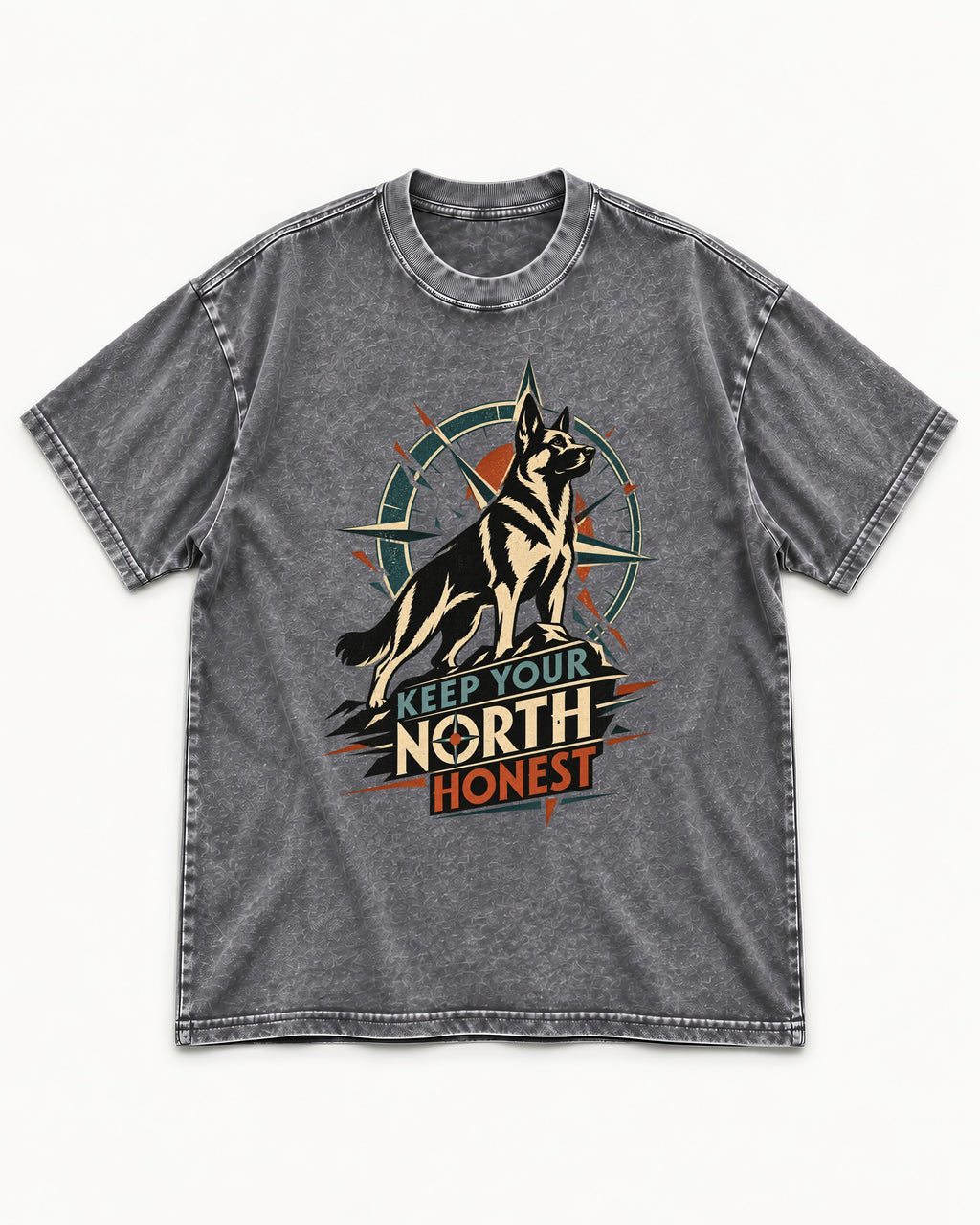 Keep Your North Honest Compass German Shepherd Dog Graphic Washed Tee in Gray, flat lay product photo