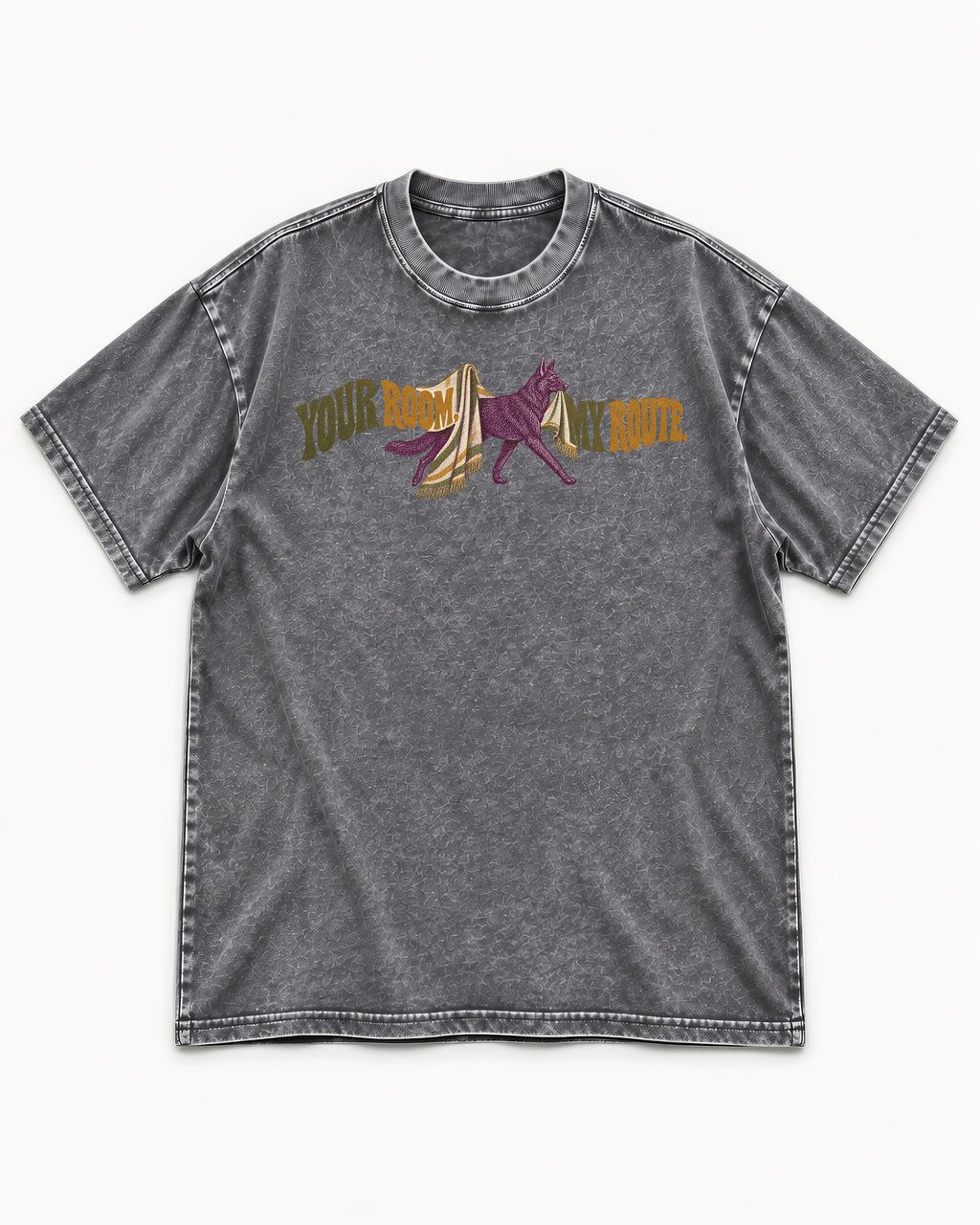 Your Room My Route German Shepherd Dog Washed Tee in Gray, flat lay product photo