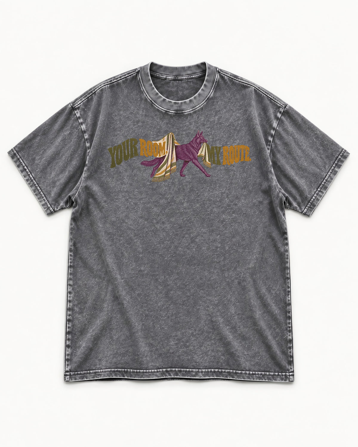Your Room My Route German Shepherd Dog Washed Tee in Gray, flat lay product photo