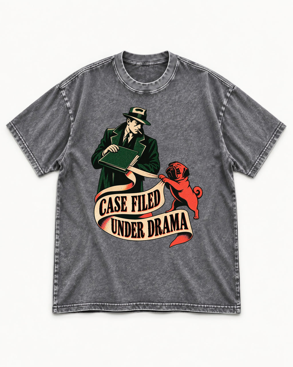 Pug Case Filed Under Drama Washed Tee in Gray, flat lay product photo