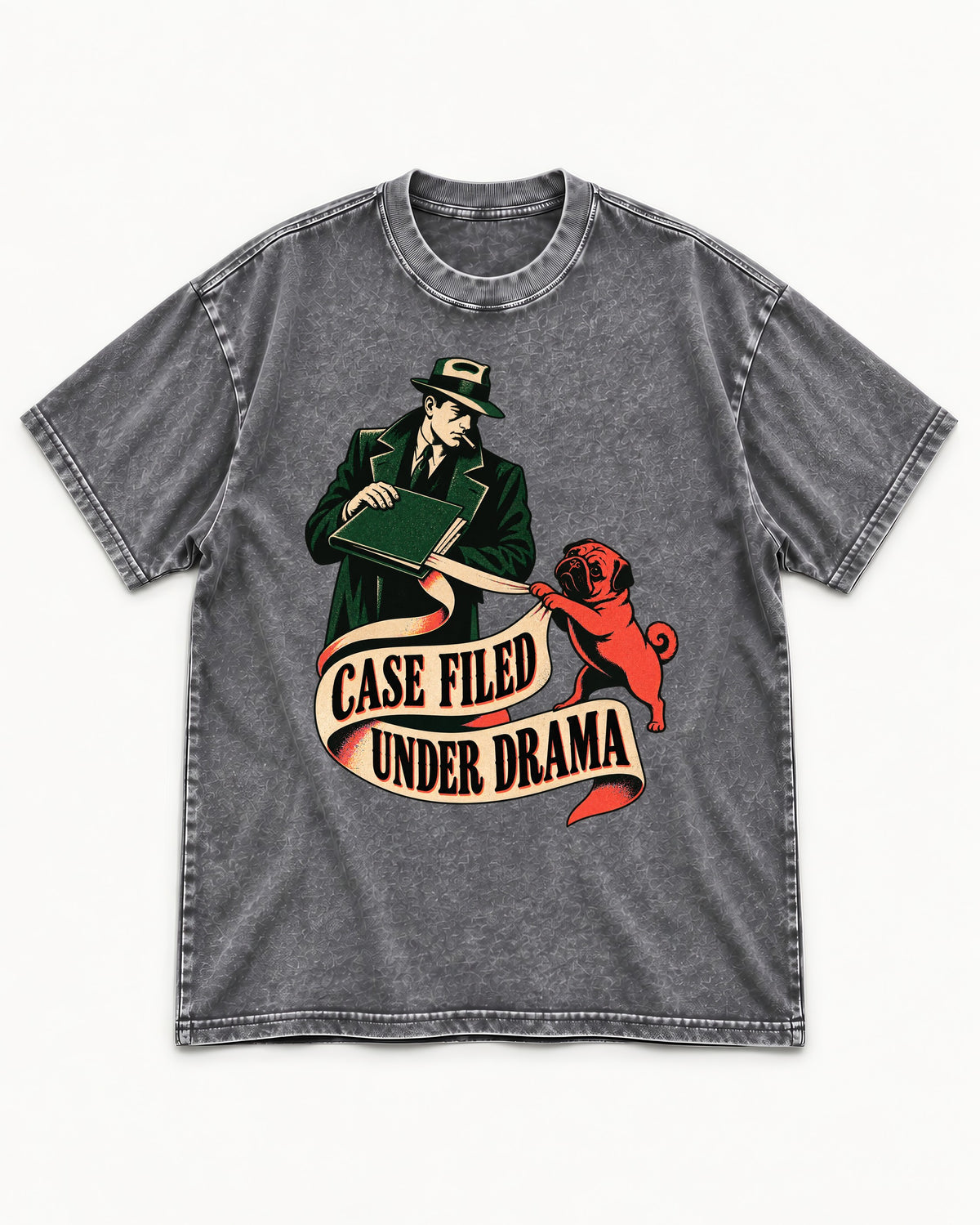 Pug Case Filed Under Drama Washed Tee in Gray, flat lay product photo