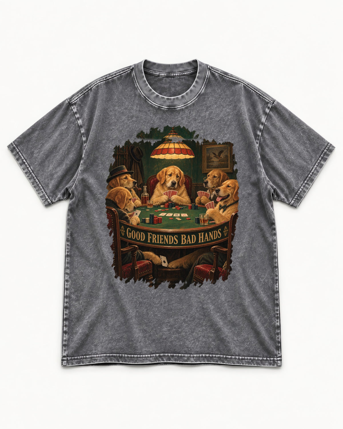 Good Friends Bad Hands Poker Golden Retriever Graphic Washed Tee in Gray, flat lay product photo