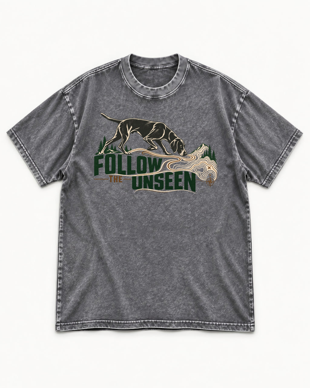 Follow the Unseen German Shorthaired Pointer Washed Tee in Gray, flat lay product photo