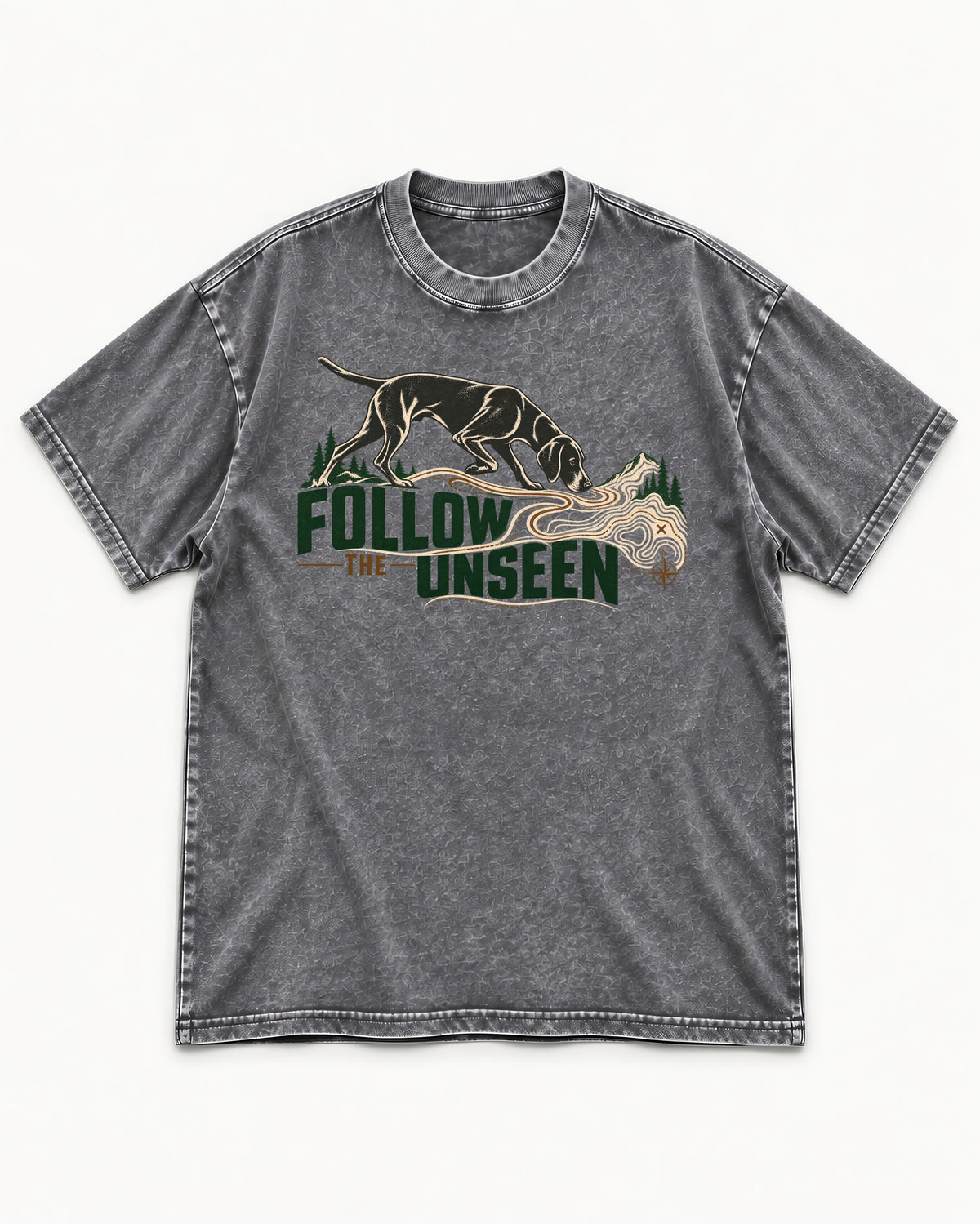 Follow the Unseen German Shorthaired Pointer Washed Tee in Gray, flat lay product photo