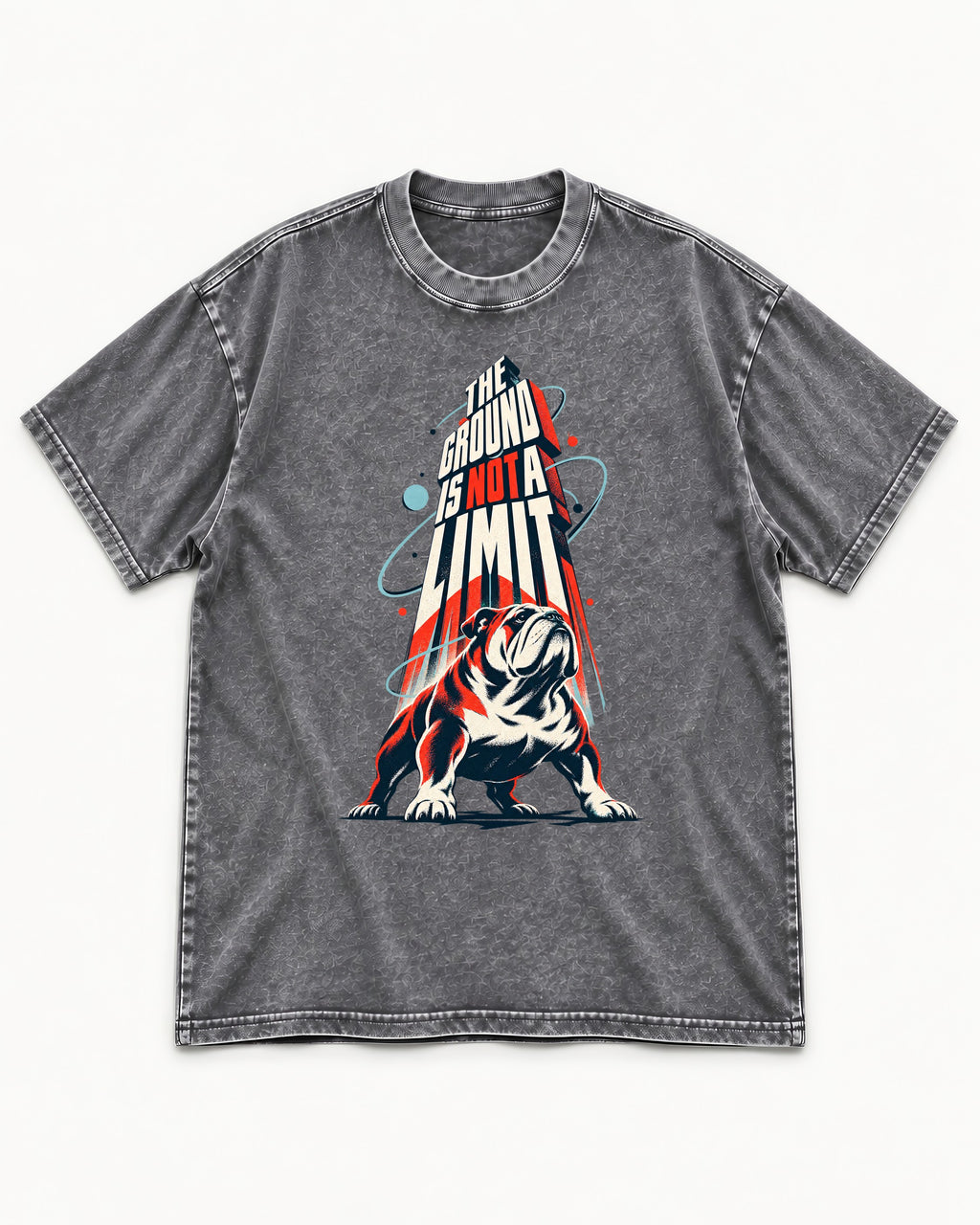 English Bulldog The Ground Is Not a Limit Orbital Graphic Washed Tee in Gray, flat lay product photo