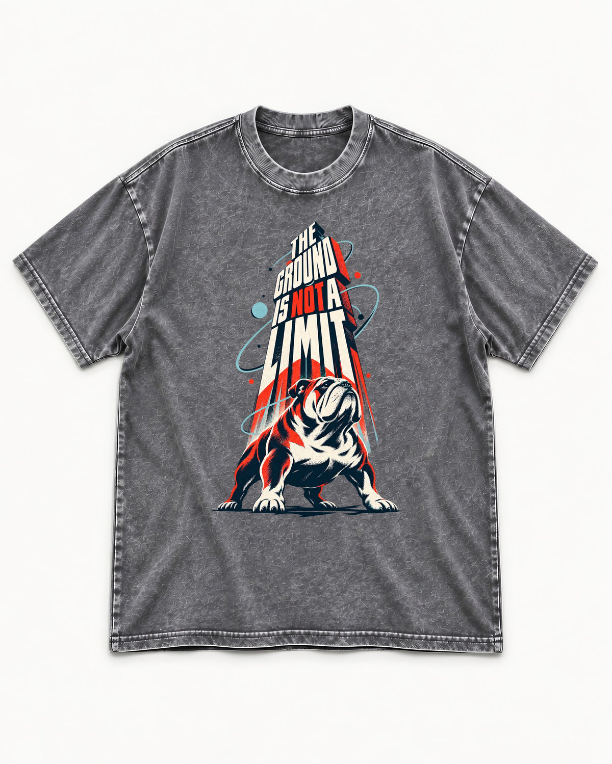 English Bulldog The Ground Is Not a Limit Orbital Graphic Washed Tee in Gray, flat lay product photo