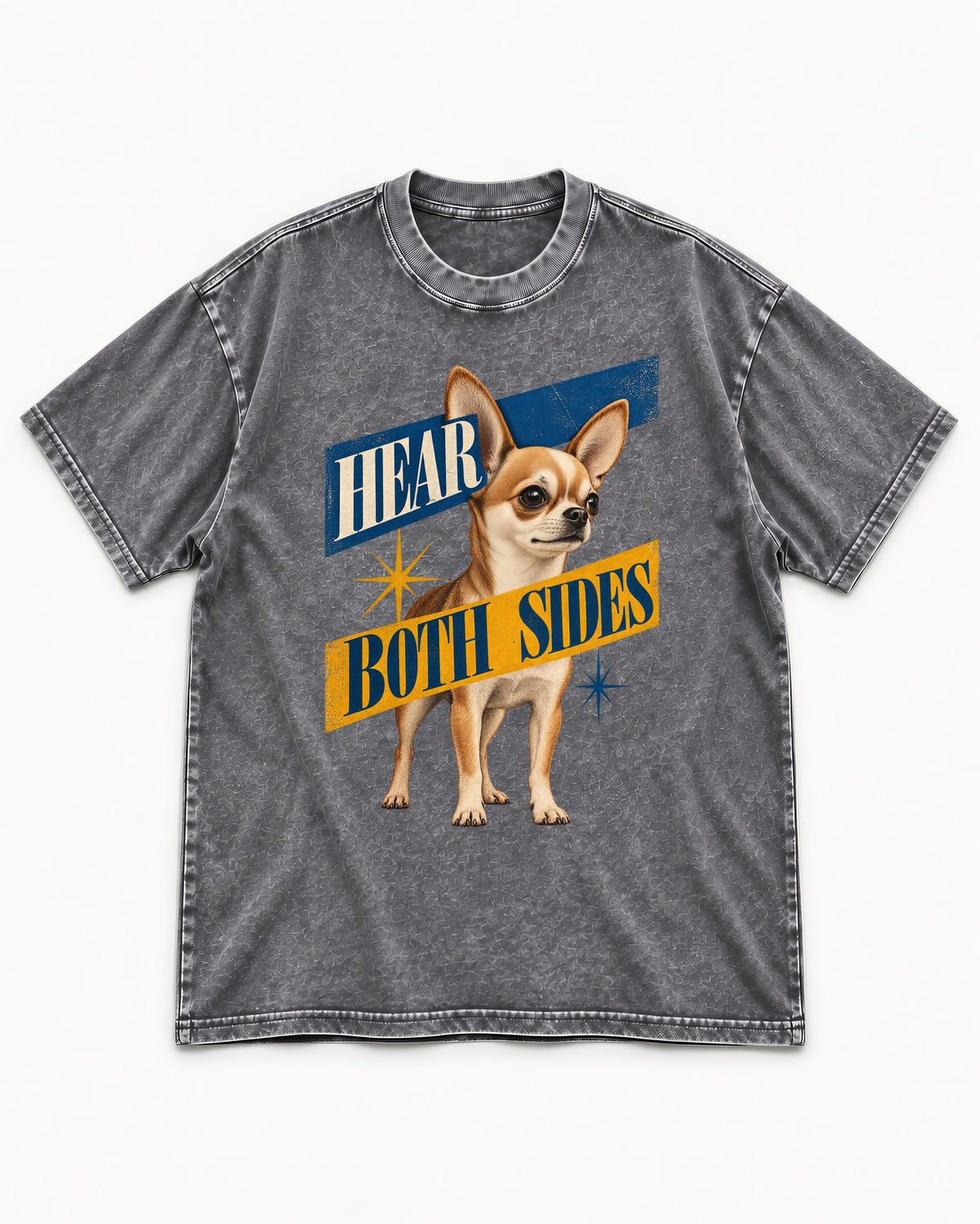 Chihuahua Hear Both Sides Banner Graphic Washed Tee in Gray, flat lay product photo