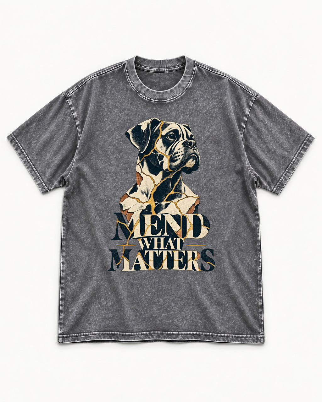 Mend What Matters Boxer Kintsugi Portrait Washed Tee in Gray, flat lay product photo