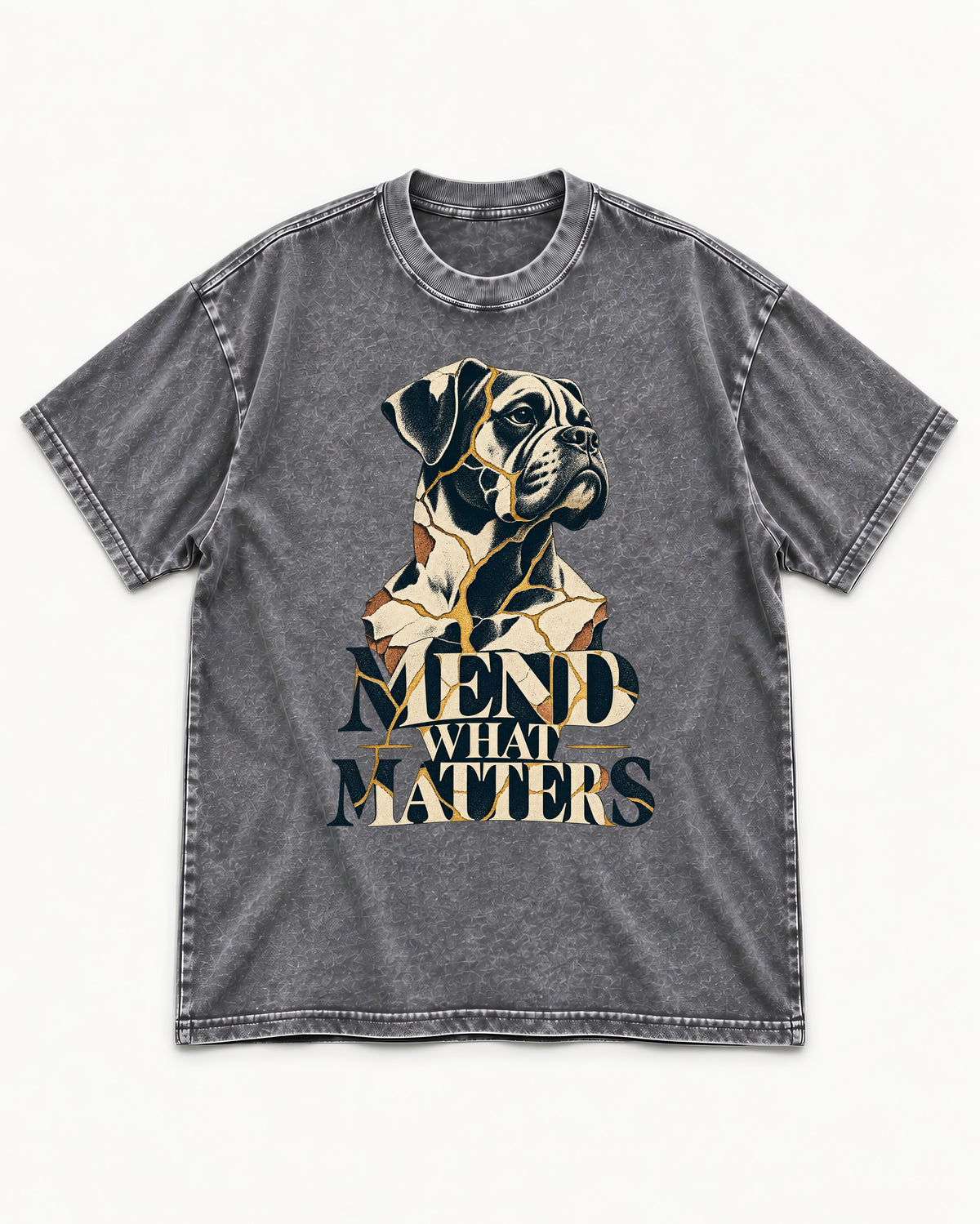 Mend What Matters Boxer Kintsugi Portrait Washed Tee in Gray, flat lay product photo