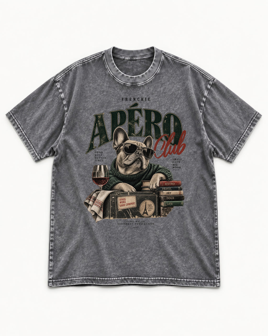 Frenchie Apero Club Washed Tee in Gray, flat lay product photo