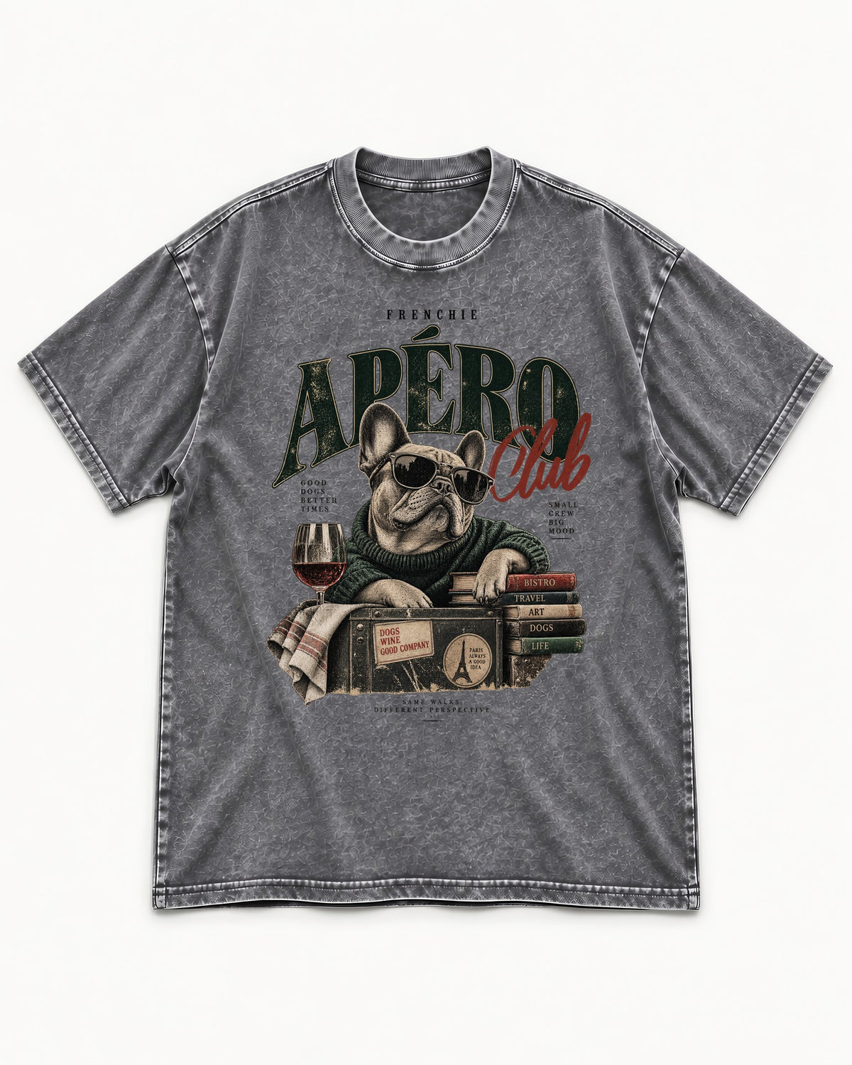 Frenchie Apero Club Washed Tee in Gray, flat lay product photo