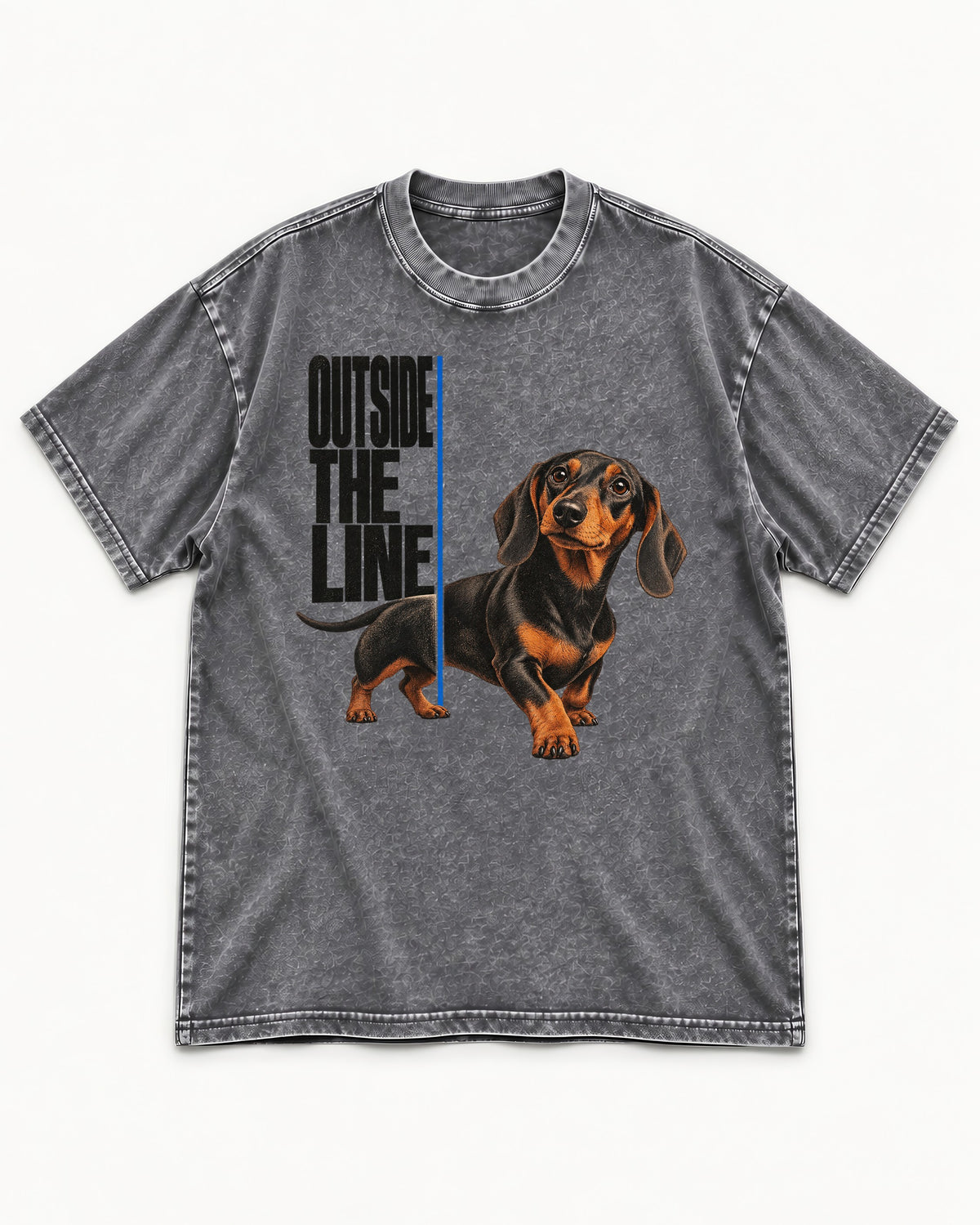 Dachshund Outside the Line Washed Tee in Gray, flat lay product photo