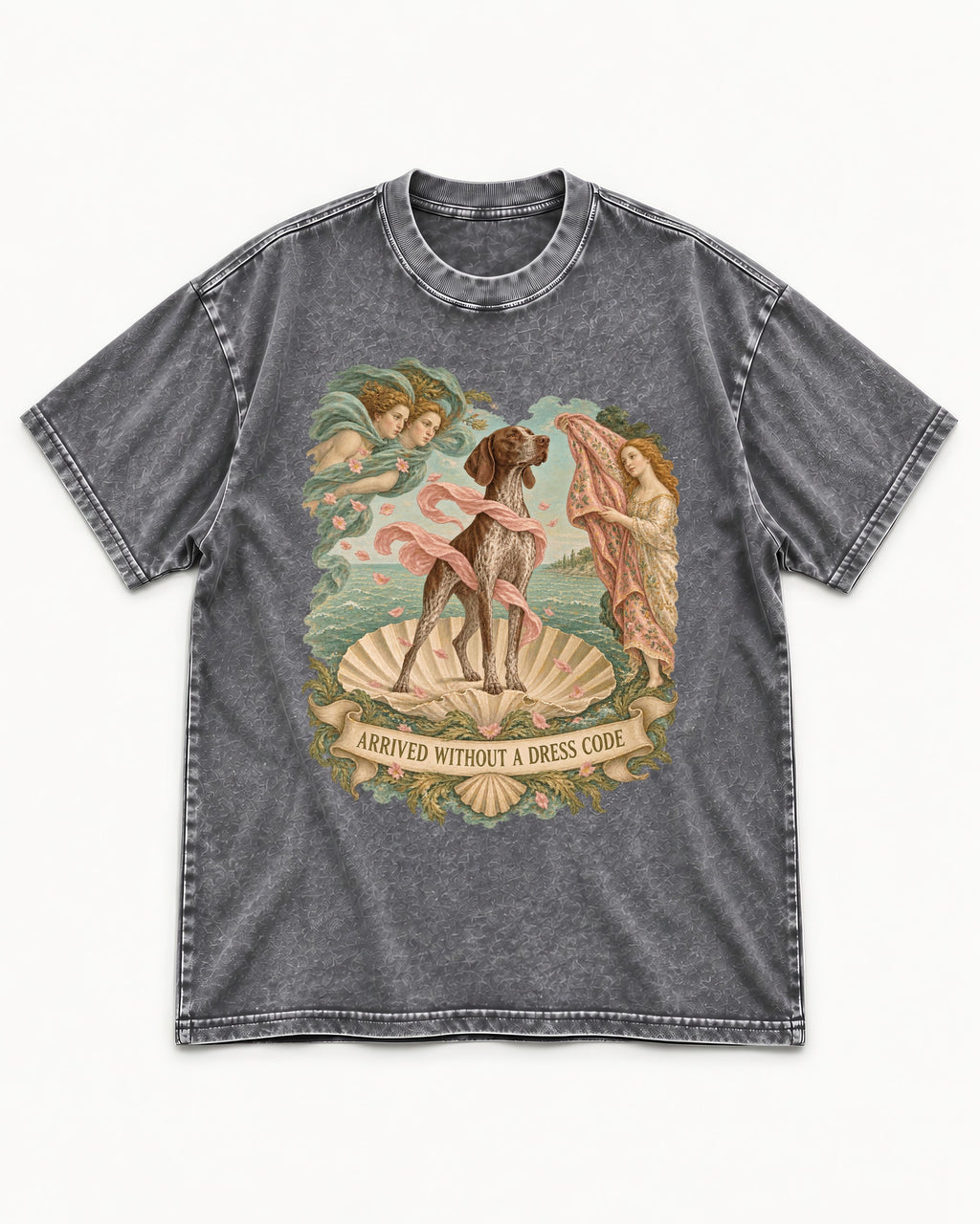 German Shorthaired Pointer Arrived Without A Dress Code Birth Of Venus Graphic Washed Tee in Gray, flat lay product photo