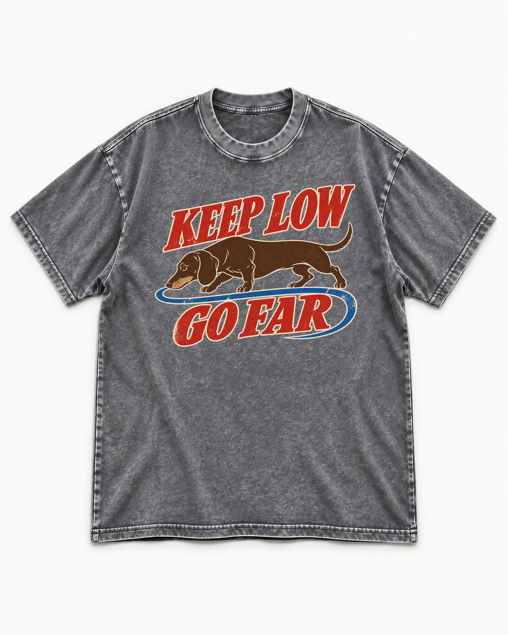 Dachshund Keep Low Go Far Washed Tee in Gray, flat lay product photo